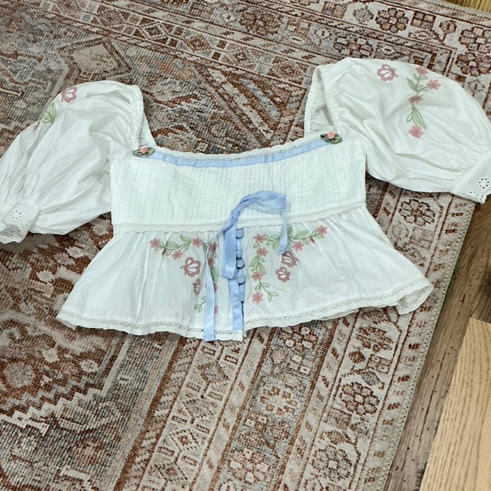For Love And Lemons White and Blue Crop Top